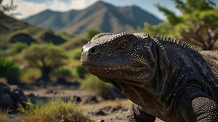 A close-up of a large lizard in a natural landscape with mountains in the background.