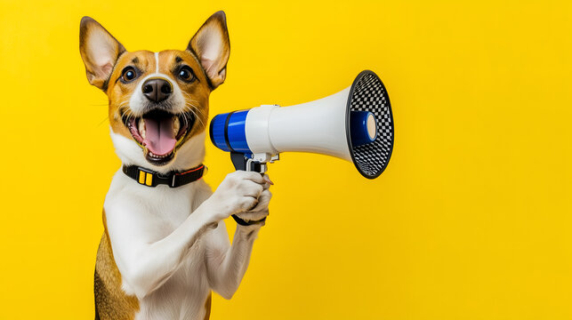 A happy dog holds a  megaphone