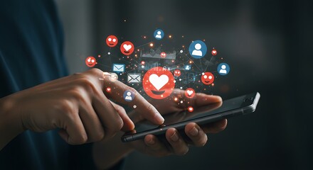 Social media and digital online concept, woman using smartphone and show technology icon.
