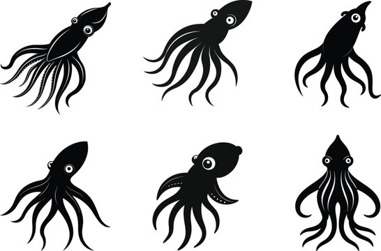 Collection of six silhouette vector illustrations of squids in various poses, showcasing a playful and minimalist design suitable for logos, icons, or decorative elements.