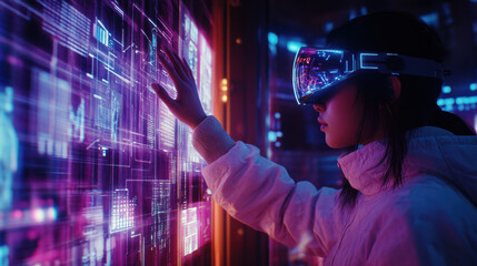 Cybersecurity expert manipulating digital graphs in a control room using AR visor and holograms