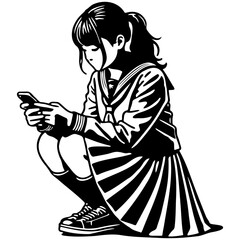 High School Female Student Use Cellphone Sketch Drawing.
