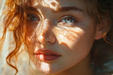 Close-up beauty portrait of a young woman with perfect skin, full lips, and captivating blue eyes, showcasing a natural and flawless look