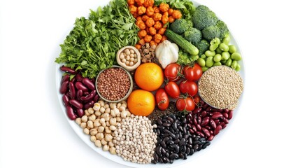 Clean eating healthy cooking ingredients. Vegetables, beans, grains, greens, fruit, spices over grey marble background, white plate with copy space in center, top view. Diet food concept Food frame