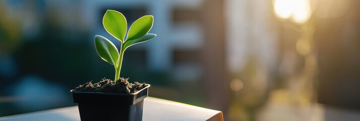 A young plant in a small pot illuminated by warm light, symbolizing growth and new beginnings in life&rsquo;s journey.