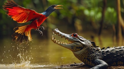Tropical bird escaping alligator swamp ambush