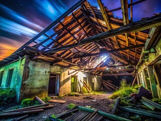 Night Photography: Derelict Building with Damaged Asbestos Roof and Decaying Wood