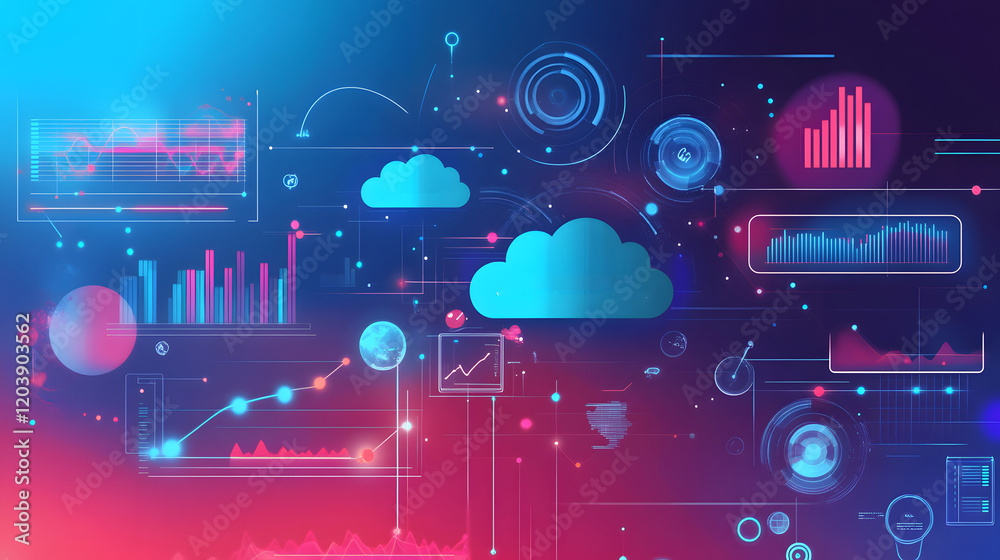 Poster a cloud landscape filled with floating analytics tools and scalable resources – illustrating 