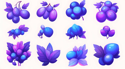 Purple berry clusters, leaves, isolated, white background, game asset