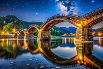 Night Photography: Kintai Bridge, Iwakuni, Yamaguchi, Japan - Illuminated Wooden Arch Bridge over the Nishiki River
