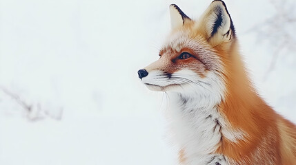 Red fox in snowy winter forest, alert and watchful, calm background; ideal for nature, wildlife, animal posters