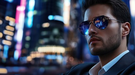 futuristic theme businessman at city with glowing neon light background, online business and technology adaptation advantage concept 
