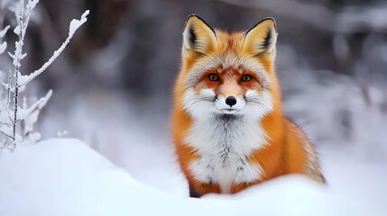 Fototapeta premium Red fox winter portrait, snowy forest background; wildlife nature scene