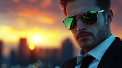 futuristic theme businessman with glowing neon light background, online business and technology adaptation advantage concept 