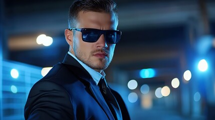 futuristic theme businessman with glowing neon light background, online business and technology adaptation advantage concept 