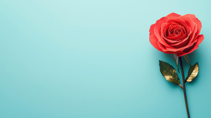 Red rose with golden leaves on vibrant turquoise background, evoking elegance