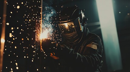 A welder in protective gear and helmet, holding a welding mask and standing in front of a metal frame with visible welds and sparks, Construction site scene