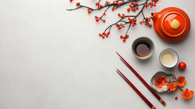 Red teapot, teacups, chopsticks, and winter branches on grey background.  Perfect for tea ceremony, food blog, or holiday content