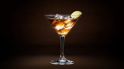 Iced cocktail, lime garnish, dark background, studio shot, drink menu