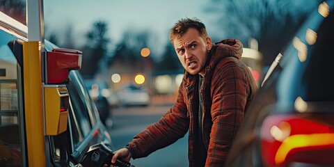 a man who was filling up gasoline on car and angry face