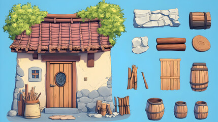 Rustic Cottage Game Assets Building, Materials & Background Elements