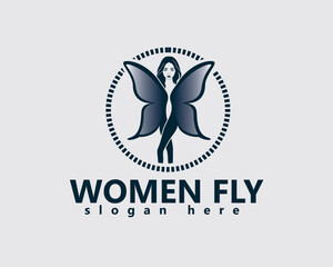 creative butterfly winged woman with long flowing hair and crossed legs logo design template