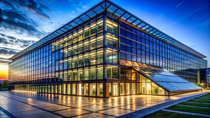 Fototapeta premium Night View: Sleek Modern Office Building with Rooftop Solar Panels