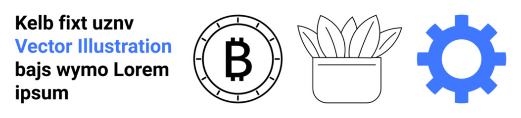 Bitcoin symbol coin, potted plant, blue gear icon, placeholder text. Ideal for cryptocurrency, finance, gardening, optimization, digital art, tech, web design. Landing page