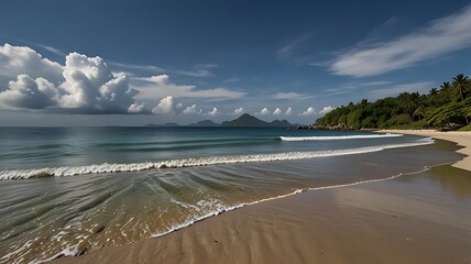 A serene beach scene with gentle waves, lush greenery, and a mountain backdrop under a blue sky.