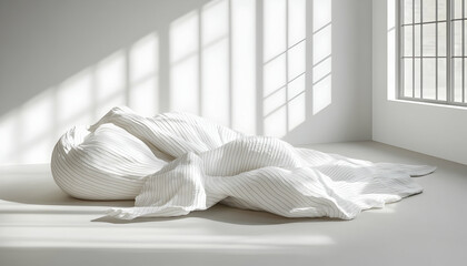 Soft, striped linen bedding draped artfully on a light floor, sunlit room. Minimalist home decor.