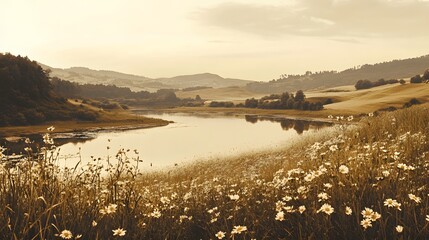 Vintage Tranquil Landscape with River and Hills