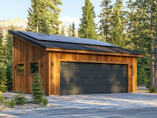 Fototapeta premium Modern Solar-Powered Garage: A sleek, modern garage with a pitched roof features solar panels seamlessly integrated, offering a stylish and sustainable solution for energy independence. 