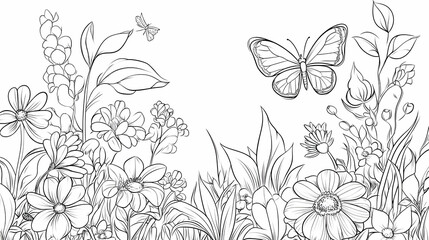 Spring garden flowers butterfly coloring page nature illustration