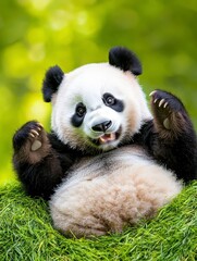 Fototapeta premium A playful panda is lounging on green grass, showcasing its adorable features and cheerful expression in a natural setting.