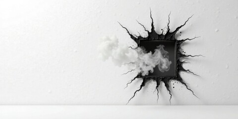 Abstract monochrome artwork depicting a square frame fractured within a wall, emitting ethereal smoke