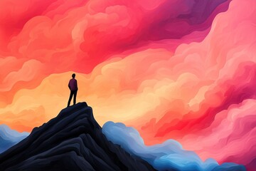 A lone figure stands on a rocky peak, gazing at a vibrant sky filled with pink and orange clouds during sunset.