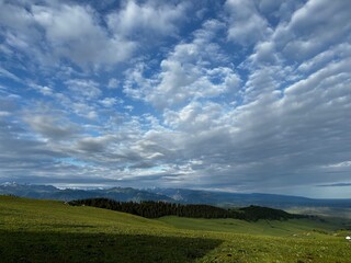 Obraz premium views of grassland and snowmountains wih Tyndall effect