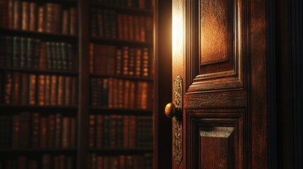 Ajar wooden door leading to a library with shelves filled with books
