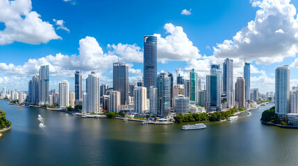 Obraz premium Sunny Brisbane Cityscape, Riverfront Skyline, Boats, Blue Sky, Urban Development, Aerial View, Tourism