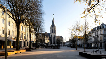 Fototapeta premium Sunny morning, church-centered city square, pedestrians strolling, shops lining the street; ideal for travel brochures