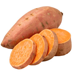 whole and sliced sweet potatoes isolated