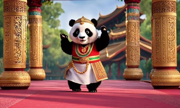 A panda performs traditional dances from different cultures Indian Bhangra while adding funny bloopers in between