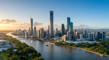 Obraz premium Sunrise over city skyline, river, boats, and parklands; ideal for travel brochures