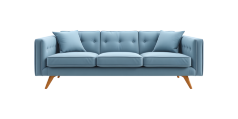 Blue Mid-Century Sofa: A stylish, contemporary sofa with clean lines, upholstered in a calming light blue fabric. The sofa is captured against an isolated background.