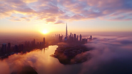 Obraz premium Sunrise over cityscape, fog, aerial view, travel destination