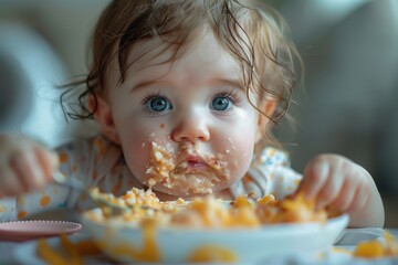 Naklejka premium Baby enjoying a messy meal at home, surrounded by playful decor, with cheerful expressions during early afternoon snack time