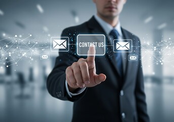 Contact us concept, Business woman hand pointing icon email and customer service call center.