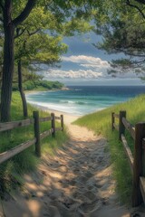 Pathway through lush grass leads to a tranquil beach with clear waters and a serene sky at midday