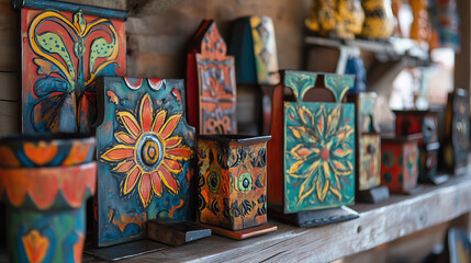 Fototapeta premium Close-Up of Metal Artwork Painted with Traditional Colorful Designs, Showcasing Unique Handcrafted Craftsmanship