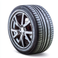 Fototapeta premium A sleek black tire with a modern design, showcasing deep treads and a shiny alloy rim, ideal for high-performance vehicles white background